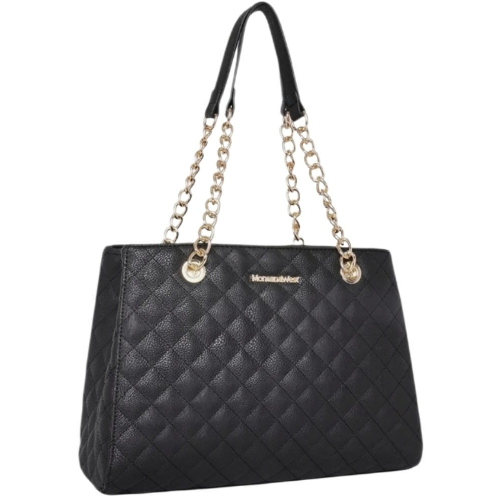 Montana West Medium Black Tote Bag Quilted‎ Faux Leather Chain Shoulder Purse